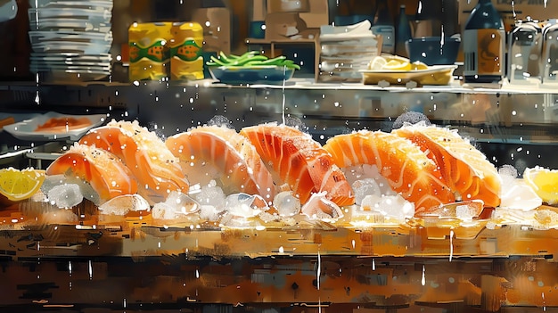 Fresh Salmon Sashimi on Ice