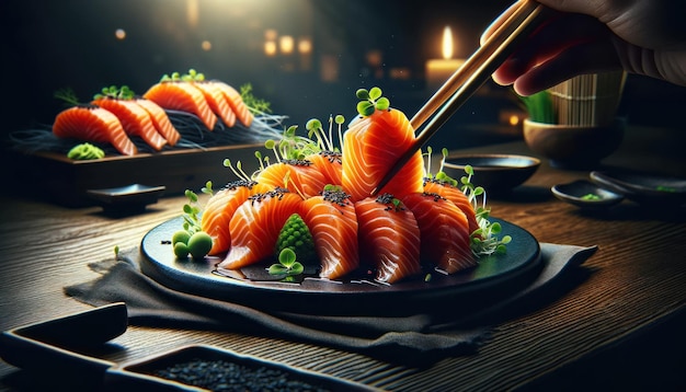 Photo fresh salmon sashimi slices on a dark elegant plate the salmon has a rich orange color