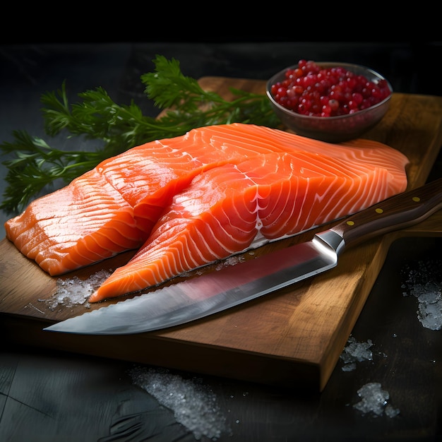 Fresh salmon slices on the dark background