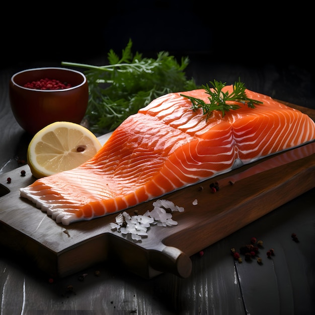 Fresh salmon slices on the dark background