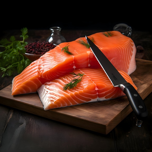 Fresh salmon slices on the dark background