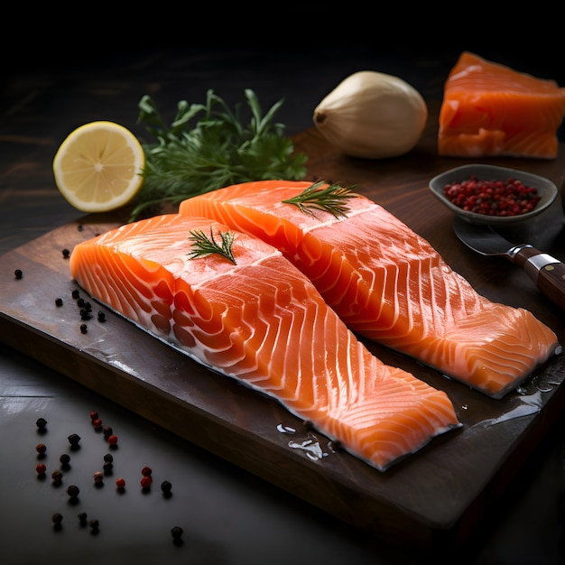 Fresh salmon slices on the dark background