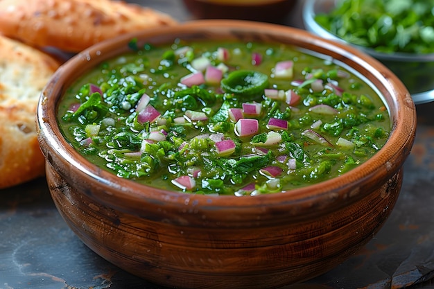 Photo fresh salsa verde with chopped red onions and cilantro for authentic mexican cuisine presentation