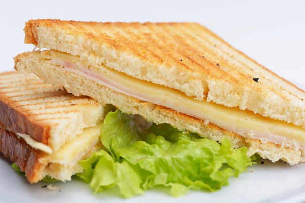 fresh sandwich close up with vegetables and meat fish isolated on white background