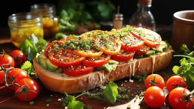 Fresh sandwich on cutting board with healthy tomatoes