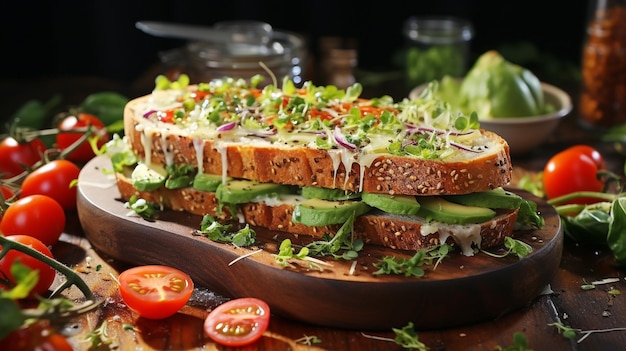 Fresh sandwich on cutting board with healthy tomatoes