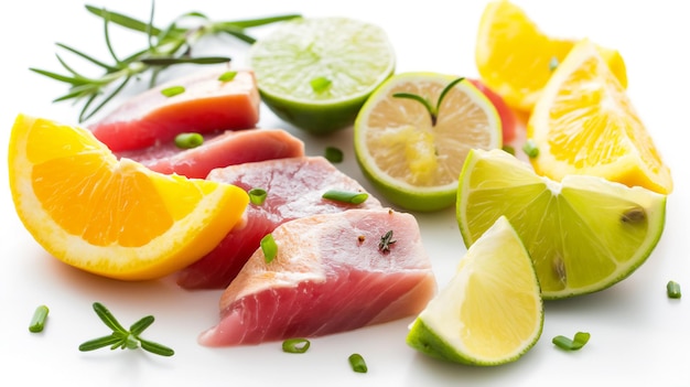 Photo fresh sashimi slices with citrus fruit wedges and herbs on a white surface