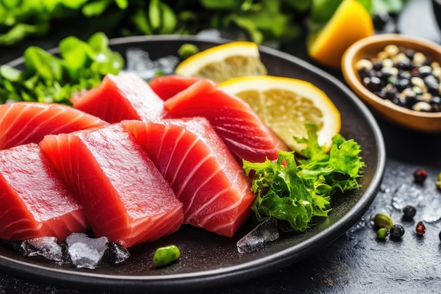 Fresh sashimi slices with lemon greens on dark background