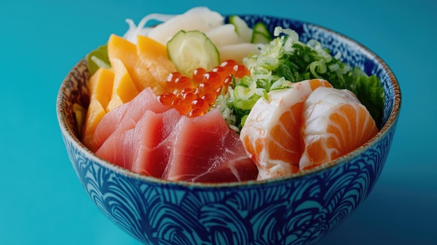 Photo fresh sashimi and toppings in a blue and white bowl