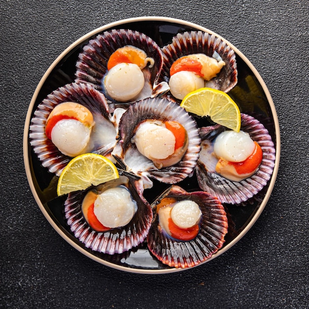 fresh scallop shell seafood meal snack on the table copy space food background rustic top view