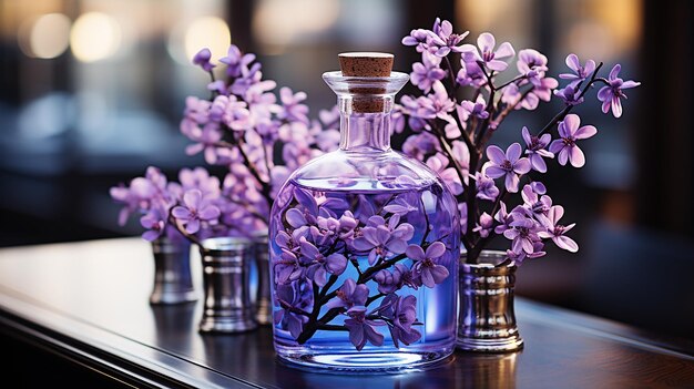 Fresh scent of purple flower in glass bottle