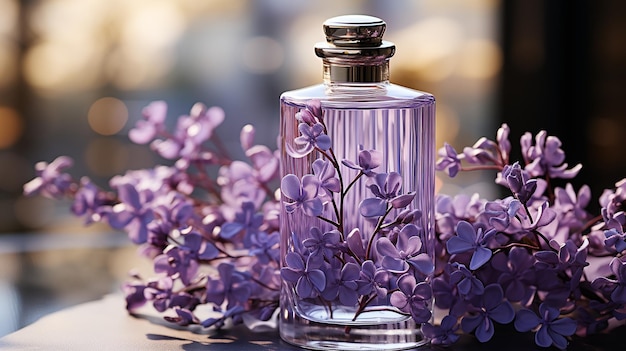 Fresh scent of purple flower in glass bottle