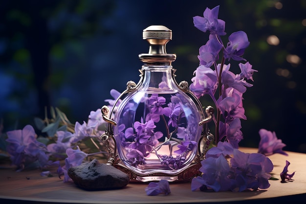 Fresh scent of purple flower in glass bottle