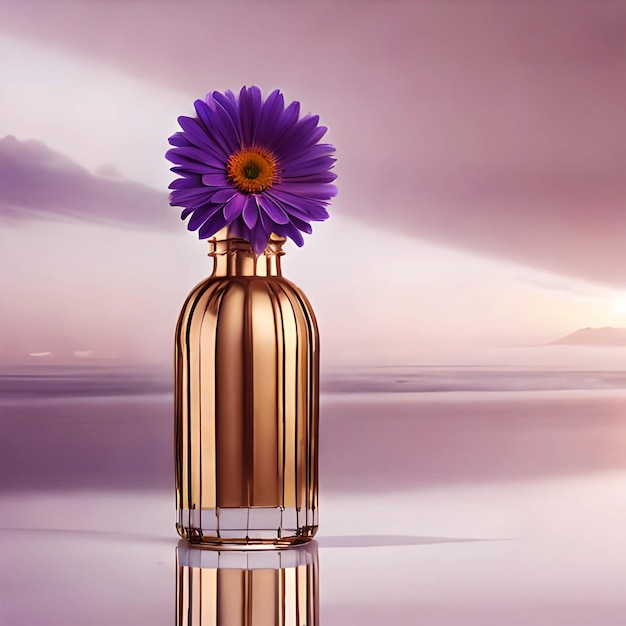 Fresh scent of purple flower in glass bottle