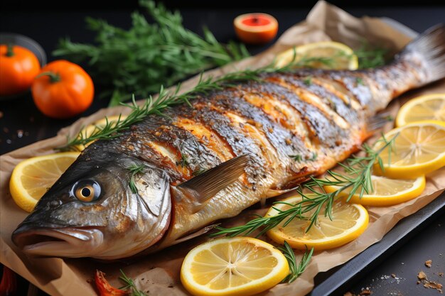 Fresh Sea Bass with Tangy Lemon and Aromatic Green Herbs Exquisite Delicacy on a Plate