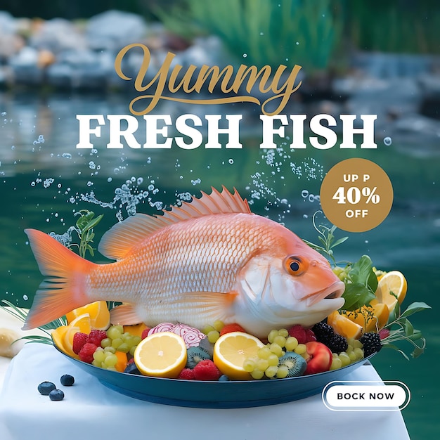 Photo fresh sea fish banner social media post template for seafood restaurants