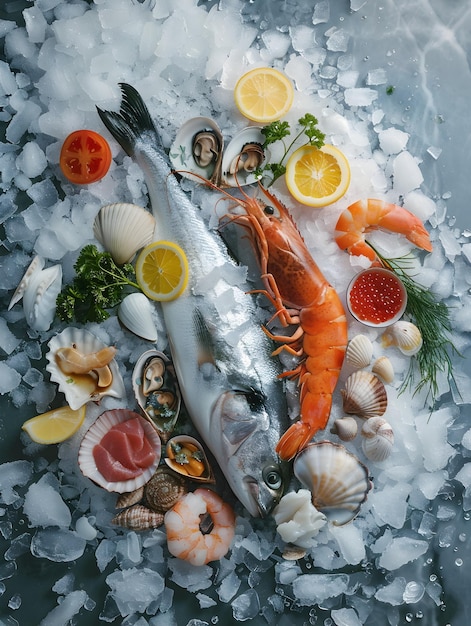 Fresh seafood arrangement on ice Variety of fresh seafood elegantly arranged on crushed ice with lemon and herbs showcasing culinary aesthetics