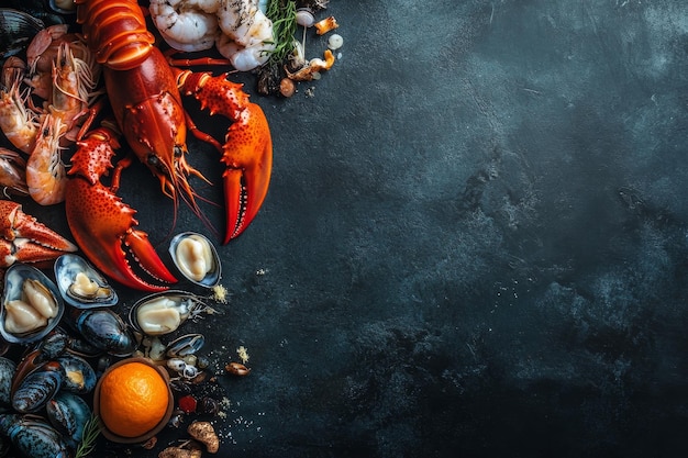 Photo fresh seafood on a dark background with copy space