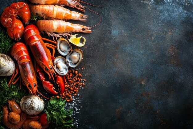 Photo fresh seafood on a dark rustic background with copy space