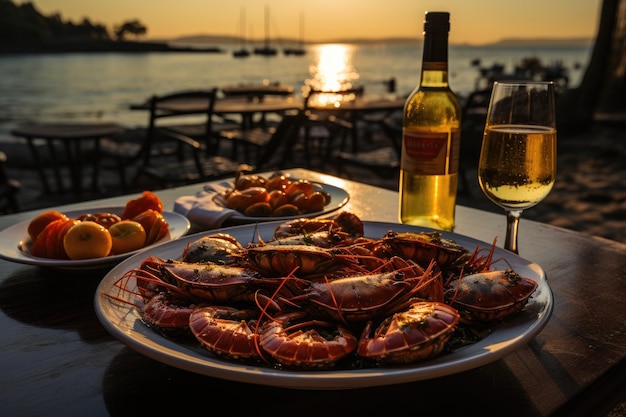 Fresh seafood dish by the sea in the sunset generative IA