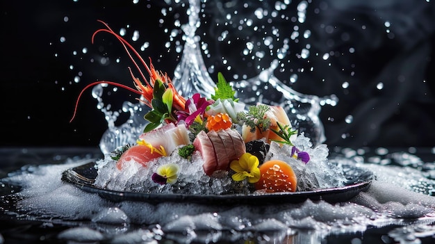 Photo fresh seafood dish presented on a bed of crushed ice