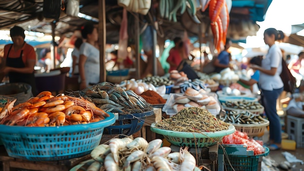 Fresh seafood on display at a busy market The market is full of people buying and selling all sorts of seafood