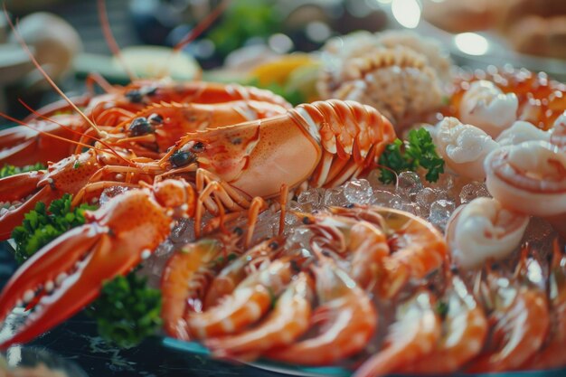 Fresh seafood displayed on a bed of ice perfect for seafood lovers or restaurant menus