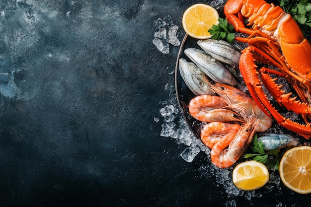 Photo fresh seafood including lobster shrimp and clams arranged on a plate with lemon wedges and ice on a dark background