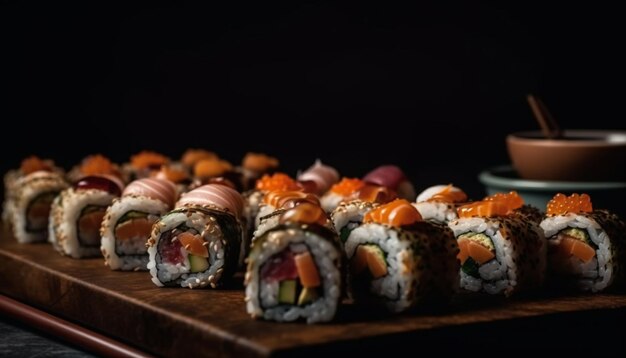 Fresh seafood meal on plate with rice maki sushi and avocado generated by AI