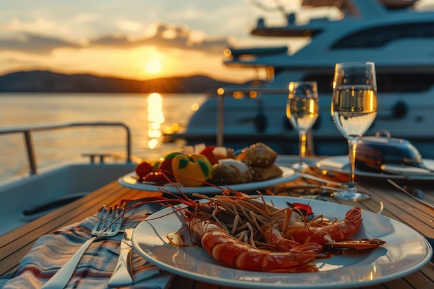 Photo fresh seafood meal on a yacht at sunset for a luxurious dining experience