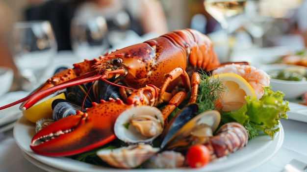 Photo fresh seafood platter with lobster and shellfish at a seaside restaurant