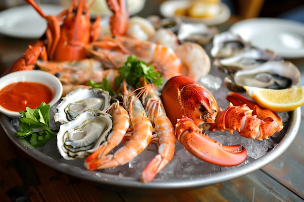 Fresh Seafood Platter with Oysters Shrimp and Lobster