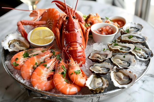 Fresh Seafood Platter with Oysters Shrimp and Lobster