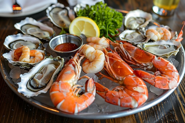 Fresh Seafood Platter with Oysters Shrimp and Lobster