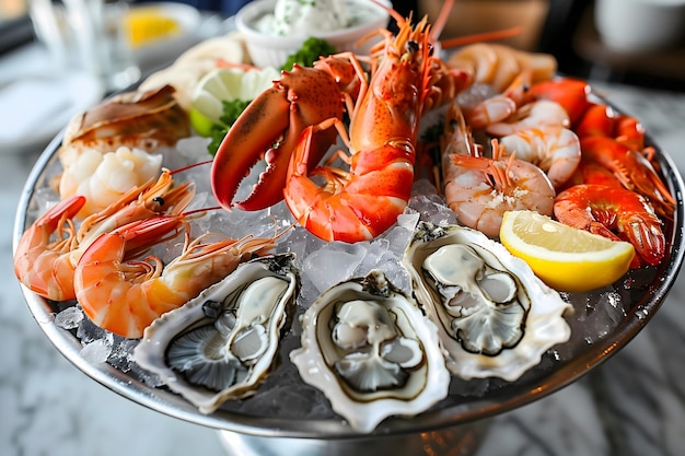 Fresh Seafood Platter with Oysters Shrimp and Lobster