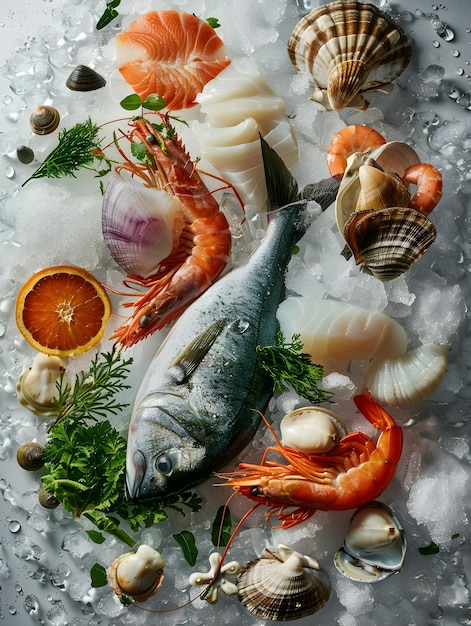 Fresh seafood selection on crushed ice An array of fresh seafood including fish shellfish and citrus garnish displayed on a bed of crushed ice showcasing freshness and variety