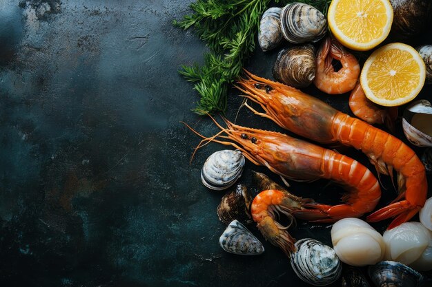 Photo fresh seafood shrimp clams and lemon wedges on a dark textured background