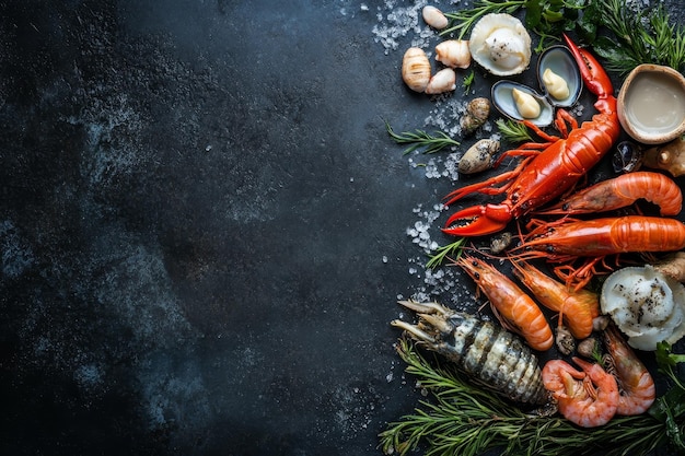 Photo fresh seafood shrimp lobster clams and herbs on a black background