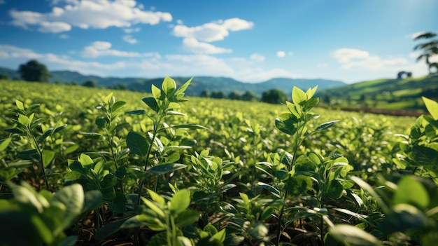 Fresh shoots of green plants on a large field Theme of agriculture and successful harvest