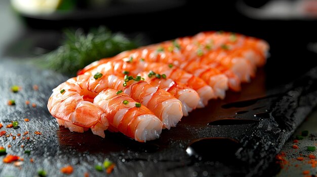 Photo fresh shrimp sashimi arranged neatly on a dark slate plate garnished with delicate herbs capturing the elegance and freshness of premium seafood cuisine in a closeup presentation