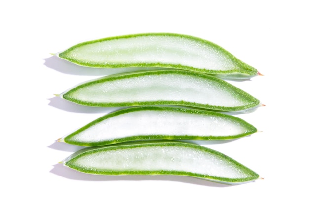 Fresh sliced aloe vera isolated on white background.