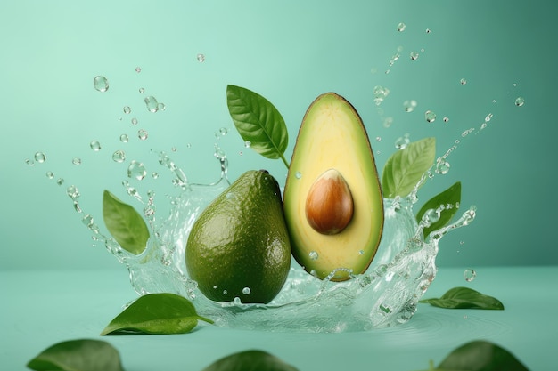 Fresh sliced avocado water flying green background Creative concept of healthy fruit generative IA