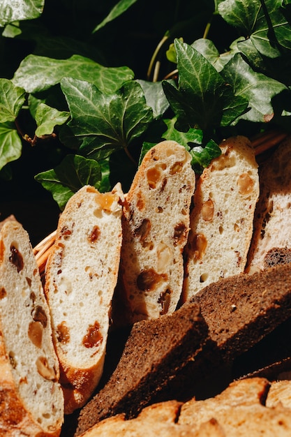 fresh sliced bread in the restaurant on the basket close-up