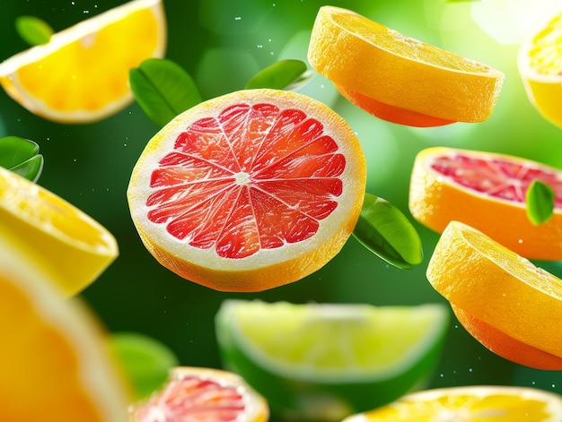 fresh sliced citrus fruits falling through air with green leaves and blurred background