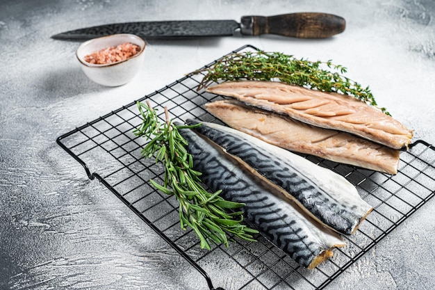 Fresh sliced mackerel fillet fish White background Top view