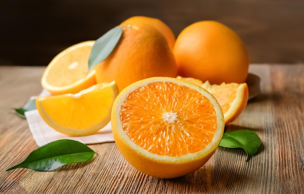 Fresh sliced orange on wooden table