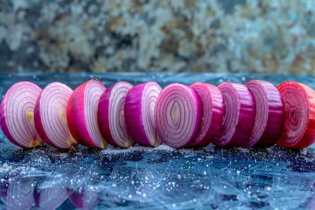 Fresh Sliced Red Onions Lined Up on a Blue Textured Surface with Dew Drops