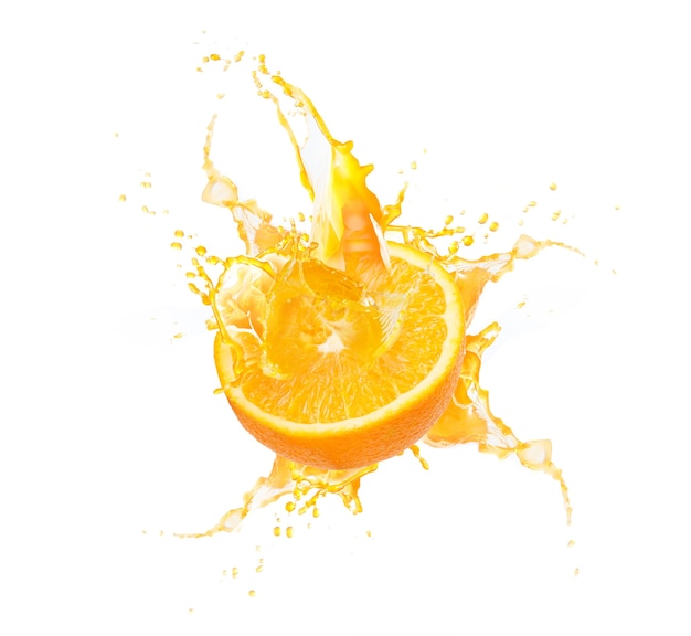 Fresh slide half of ripe orange fruit with orange juice splash water isolated on white background