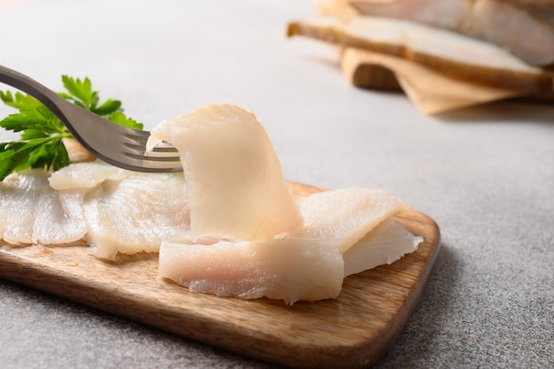 Fresh smoked halibut slices cutted View from above