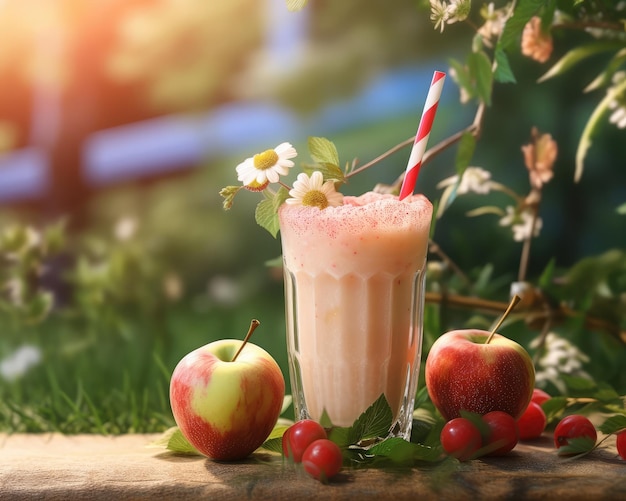 Fresh Smoothie Apple lassi with Apple fruit in studio background restaurant with garden